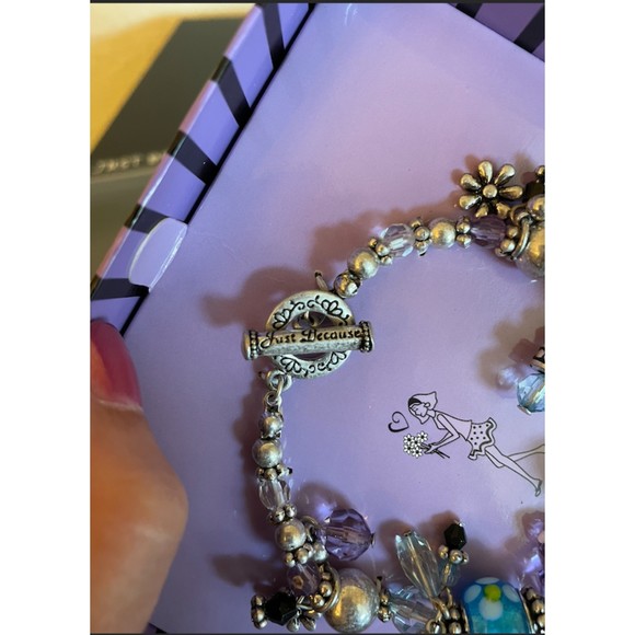 New-Silver Toggle Bracelet with Charm -Purple, Blue Beads, Daisies - Picture 3 of 7